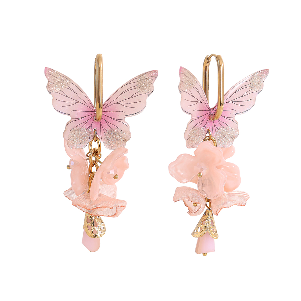 Stainless steel earrings 80mm acrylic flowers butterfly