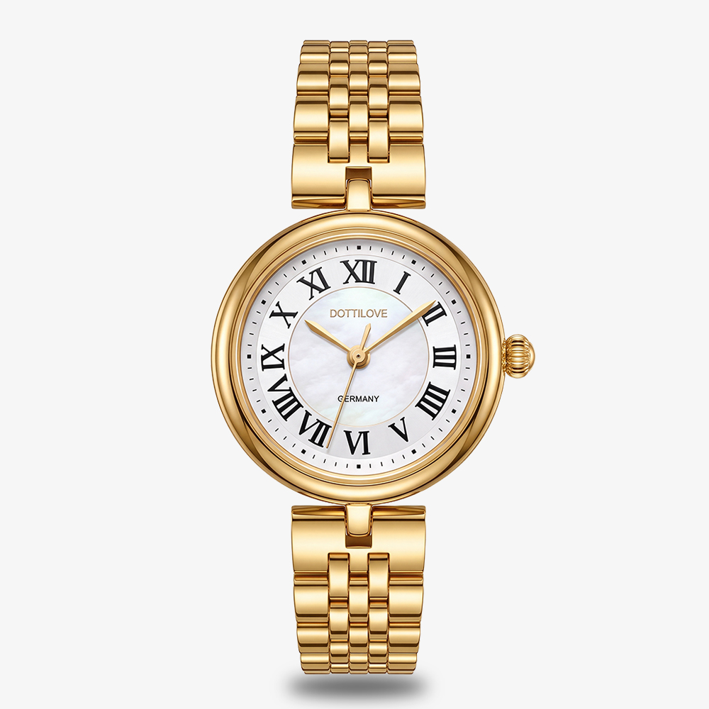 Round stainless steel watch with mother-of-pearl dial