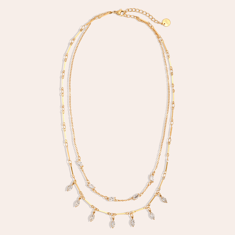 42cm double-layered stainless steel necklace with lots of cubic zirconia