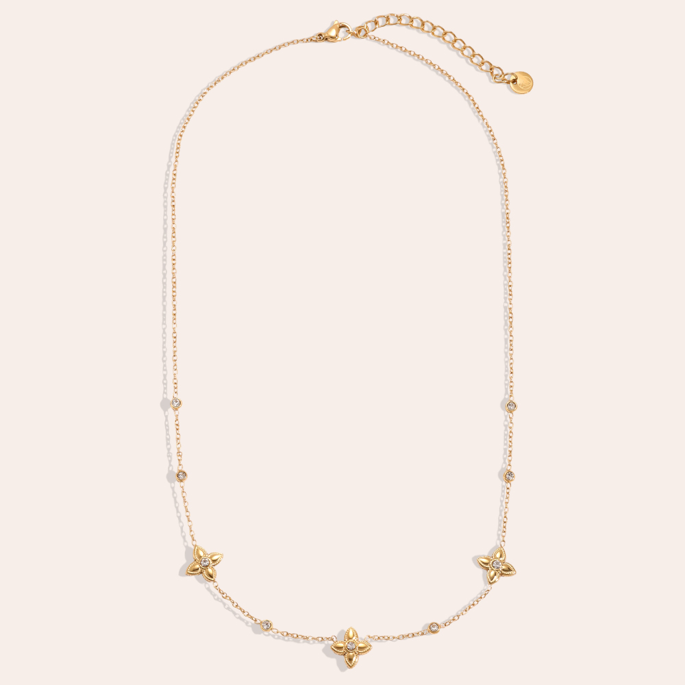 Stainless steel necklace, 41 cm, four-leaf clover with cubic zirconia