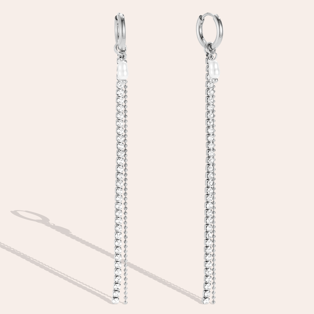 Stainless steel earrings, 91×12 mm, with pearls and a zirconia chain