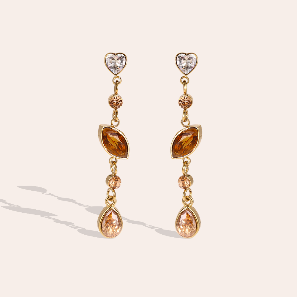 Stainless steel earrings, 5 x 15 mm, brown cubic zirconia with chains