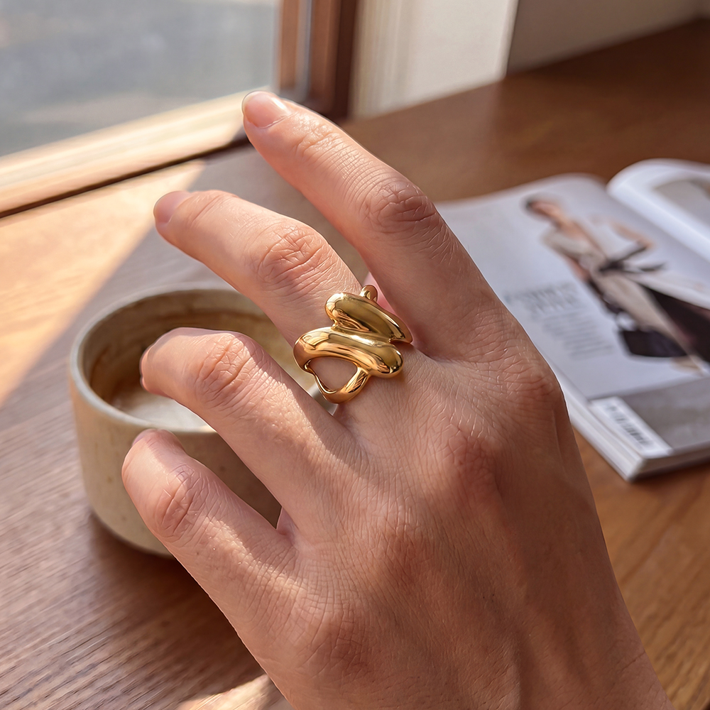 Stainless Steel Ring, Adjustable, Wavy Design, Crossed