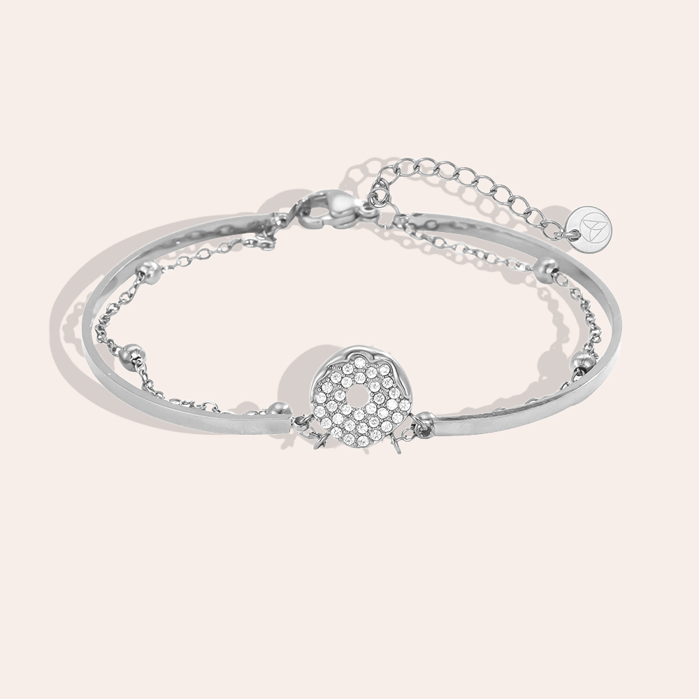 Stainless steel bracelet, adjustable, double-row, twin-ring, round, rhinestone    