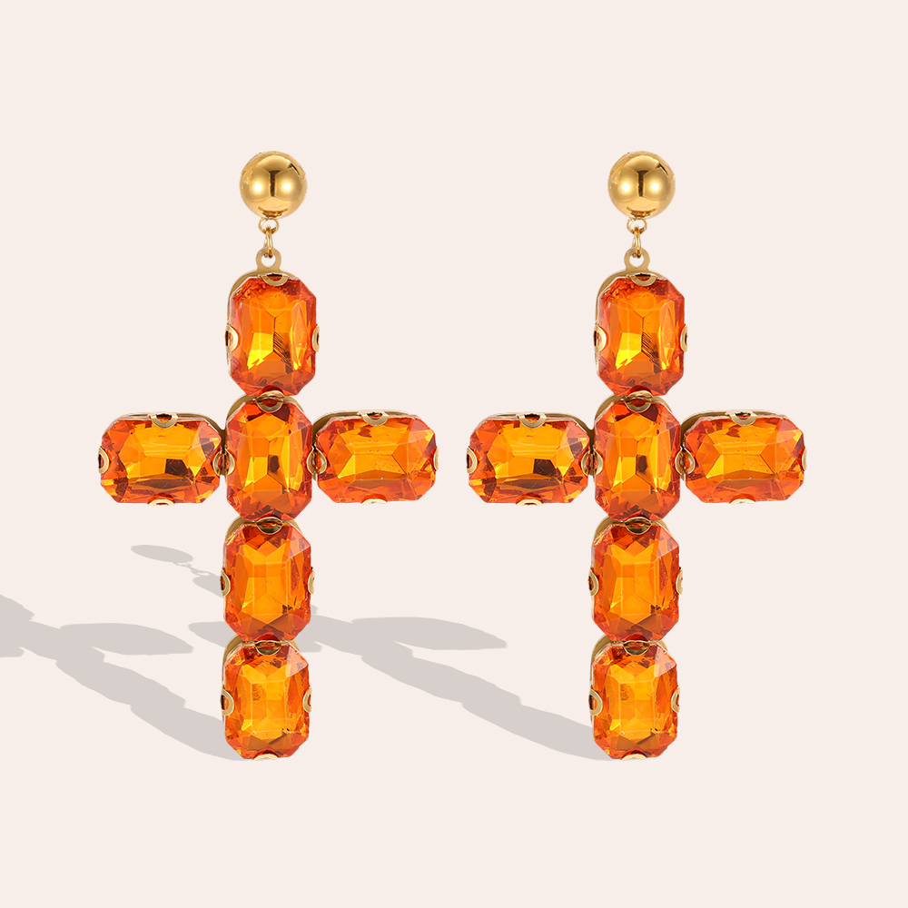 Stainless steel earrings, 70 mm, glass crystal cross 