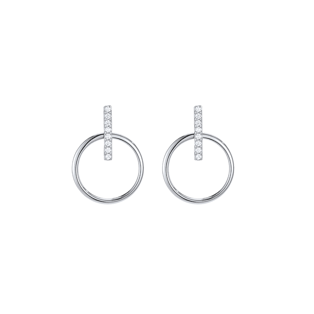Stainless steel earrings, 20 mm, with cubic zirconia and a ring