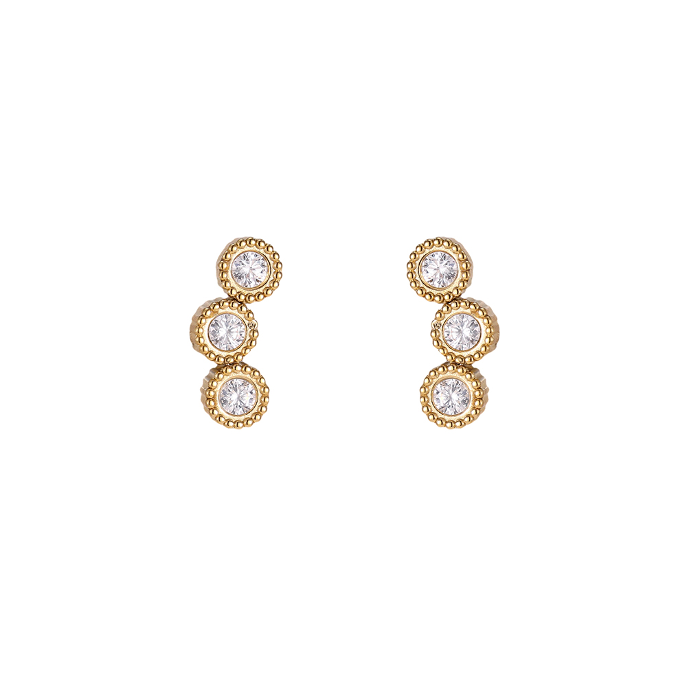 Stainless steel earrings, 10mm, three round cubic zirconia stones    