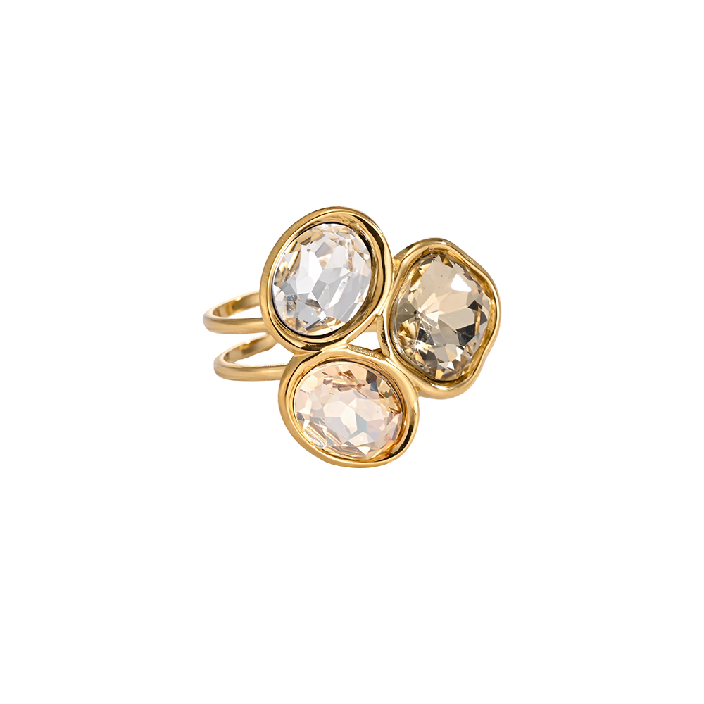 Stainless steel ring, adjustable, with three glass stones in different colours 