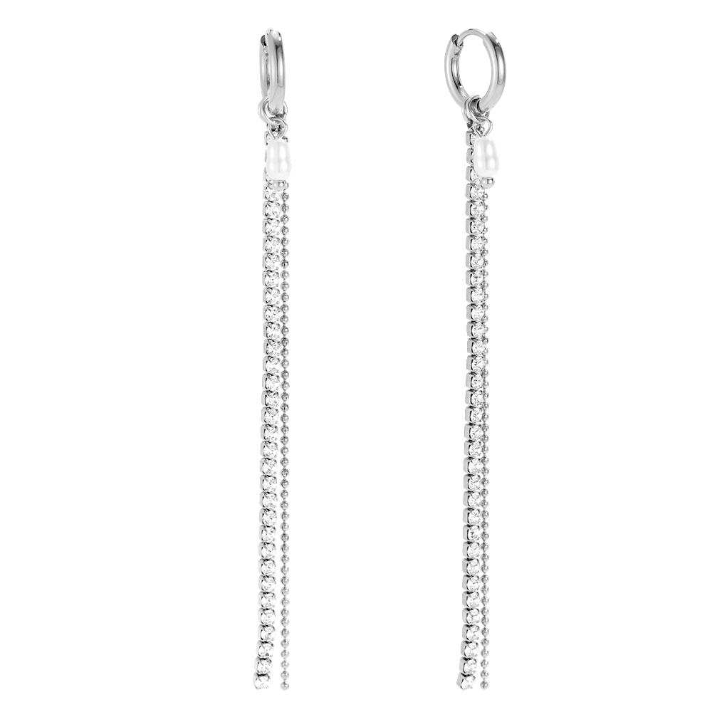 Stainless steel earrings, 91×12 mm, with pearls and a zirconia chain