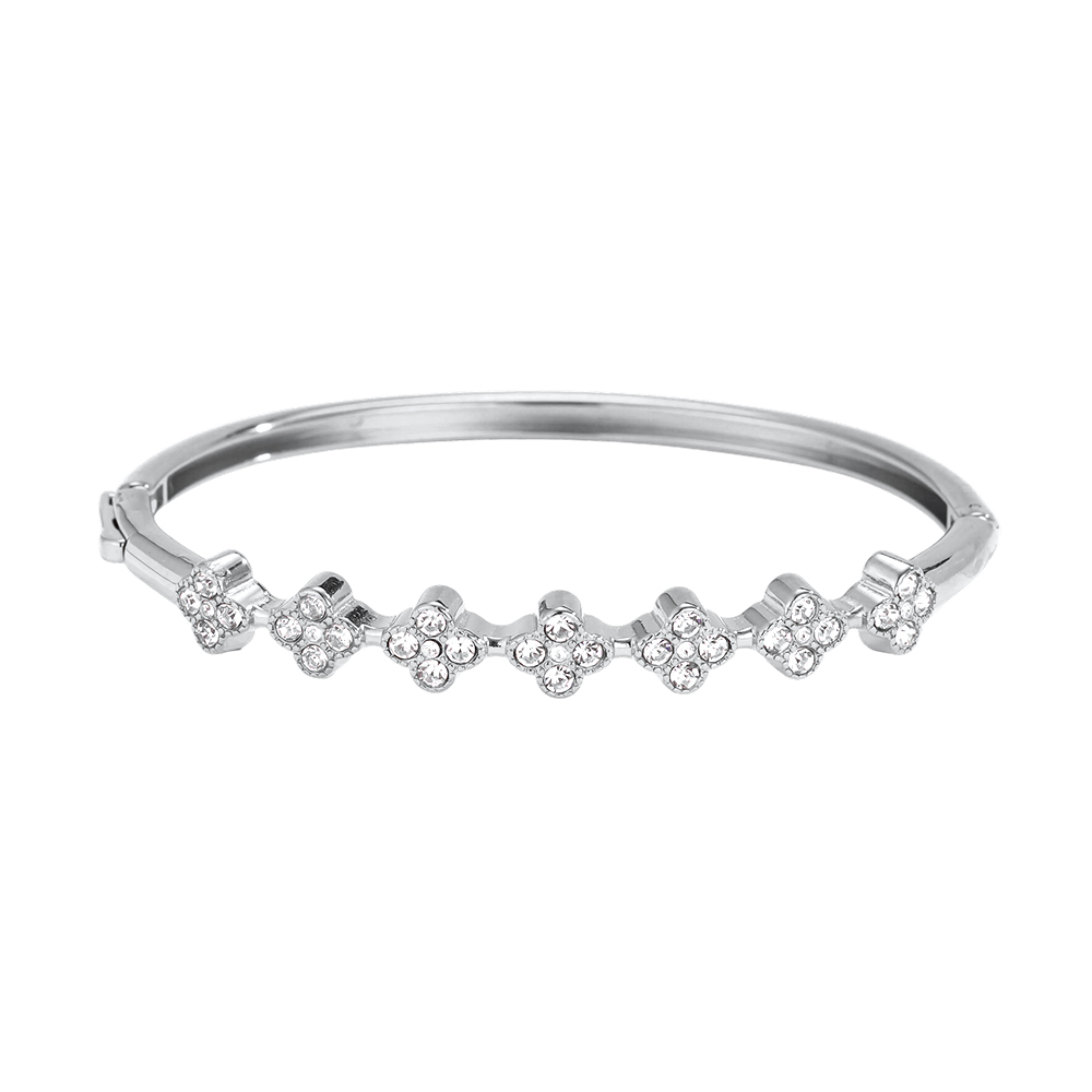 Stainless steel bangle, 6 cm, with lots of cubic zirconia in a cloverleaf design   