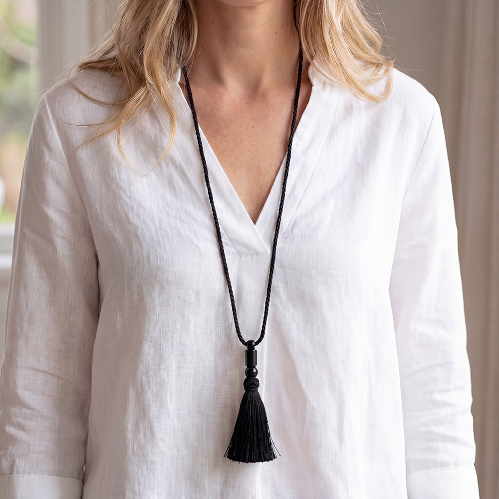 Necklace 90cm black ball tassels polyester cord  