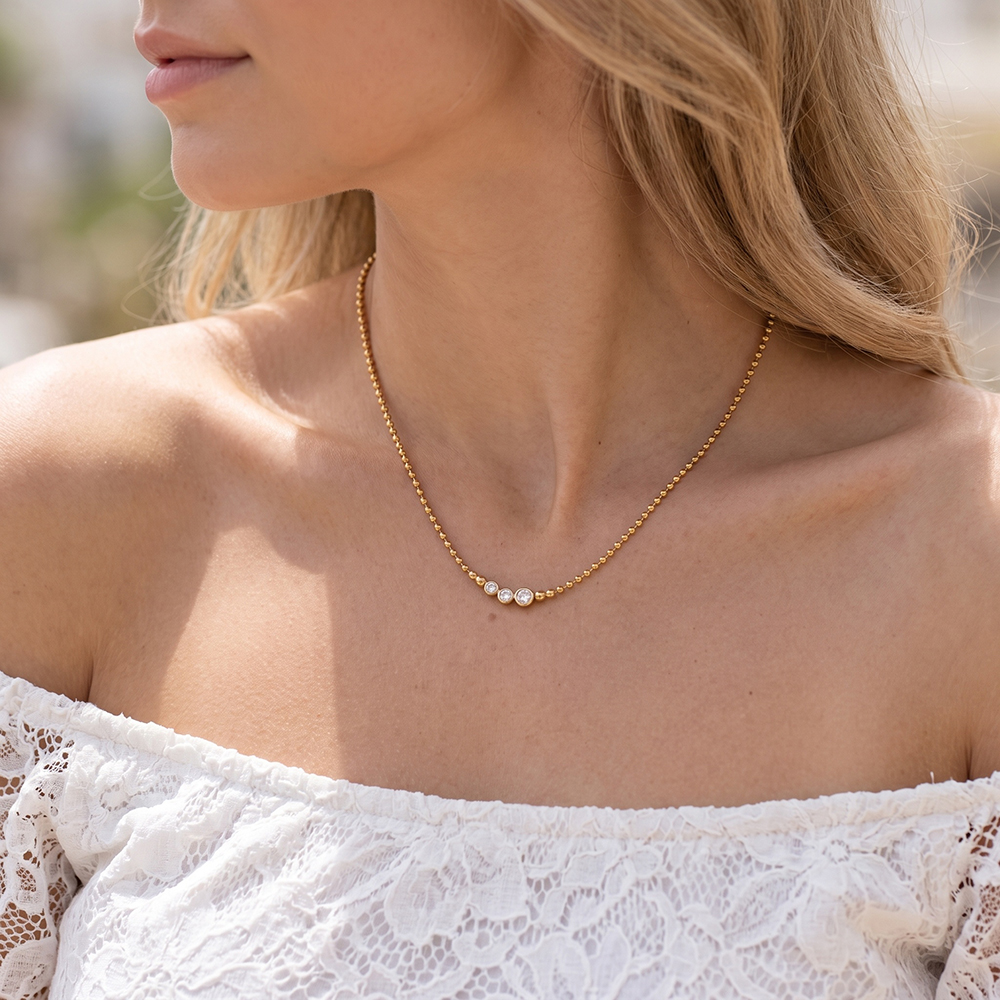 Stainless steel necklace, 40 cm, dot chain with cubic zirconia