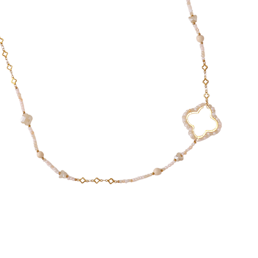 Stainless steel necklace 96cm cloverleaf and crystals