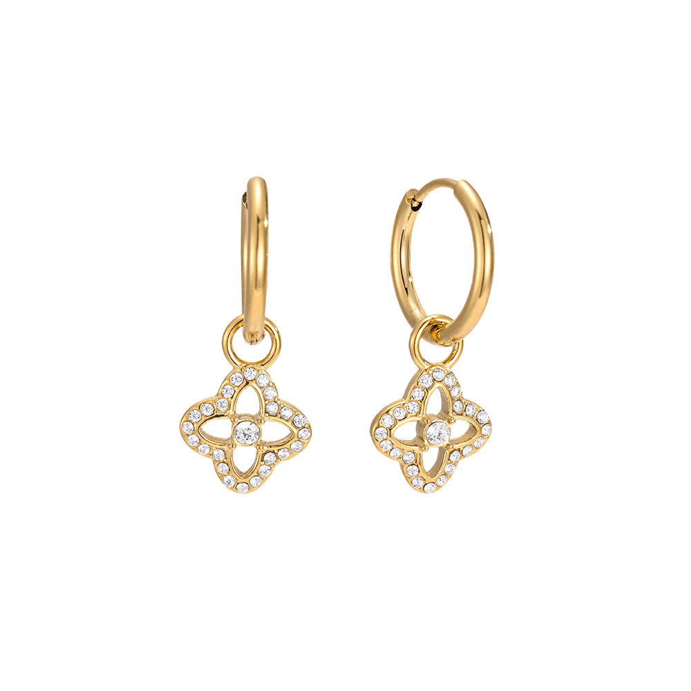 Stainless steel earrings, 25mm, with delicate cubic zirconia in a cloverleaf design