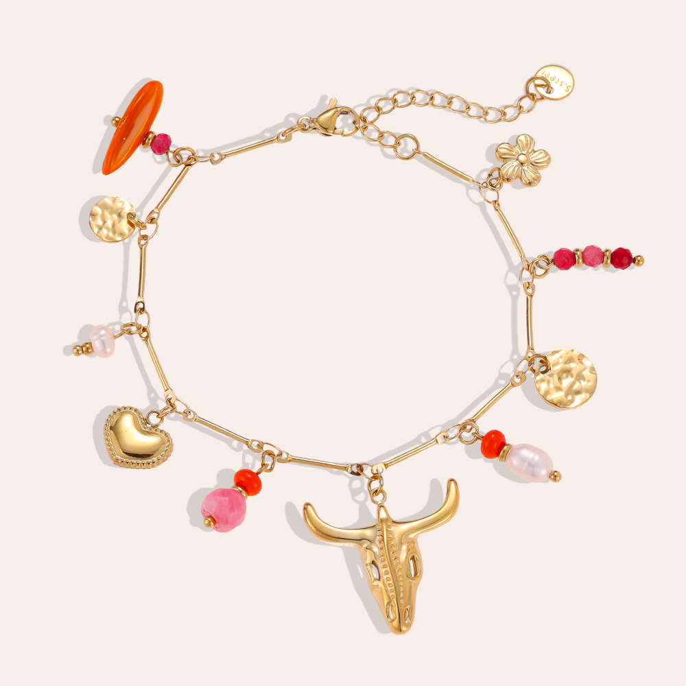 Stainless steel bracelet, 17 cm, heart-shaped beads, bull’s skull