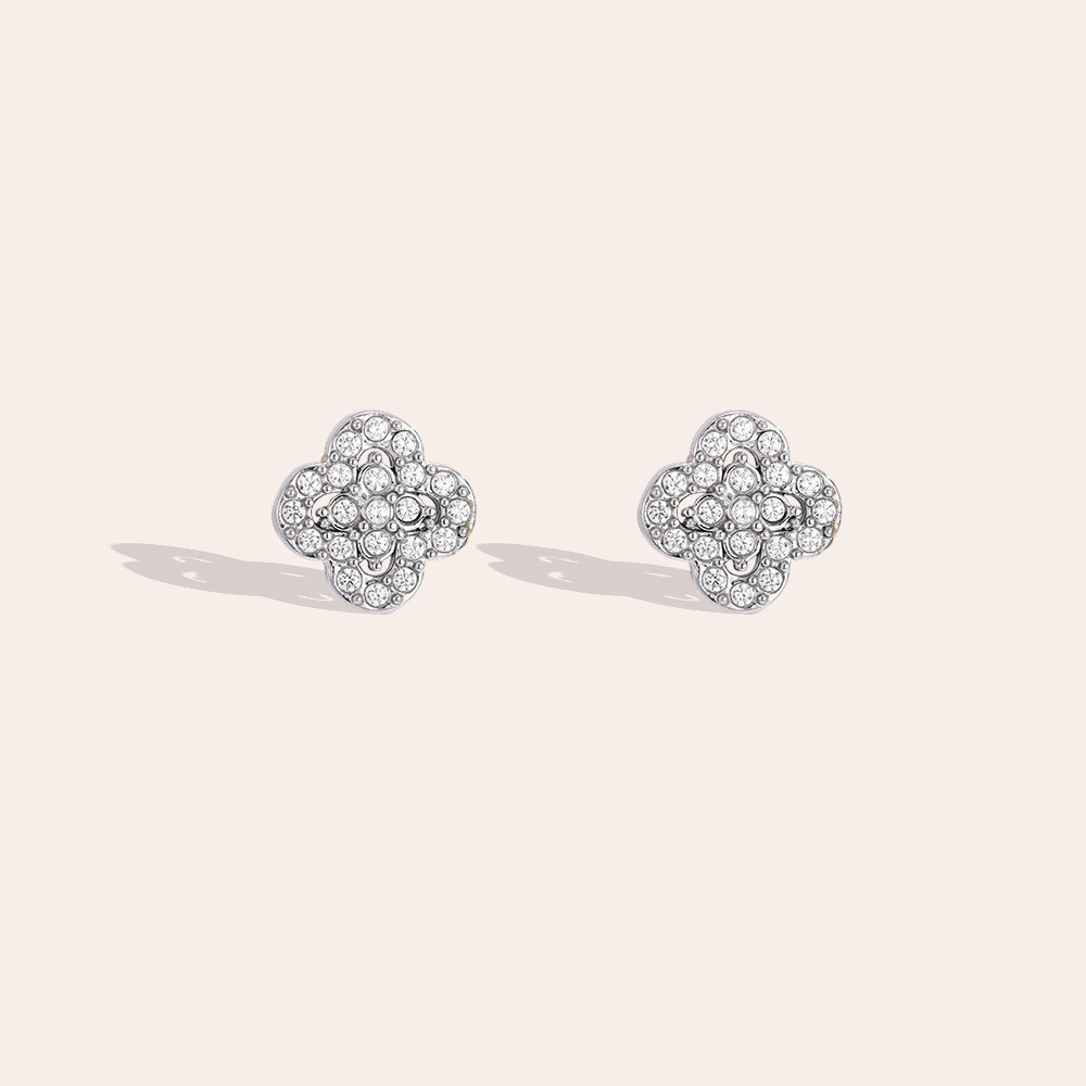 Stainless steel earrings, 8mm cubic zirconia, four-leaf clover design 