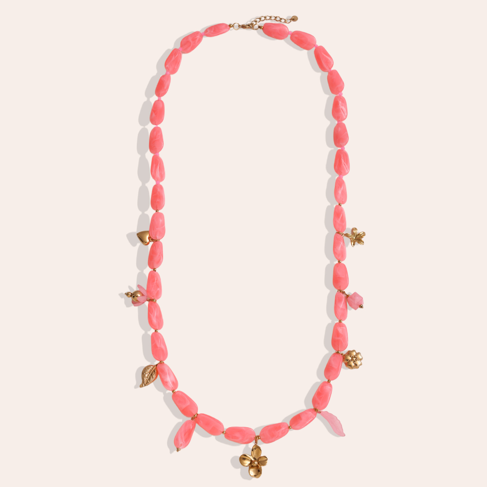 Stainless steel necklace 90cm elongated acrylic pieces and golden flowers