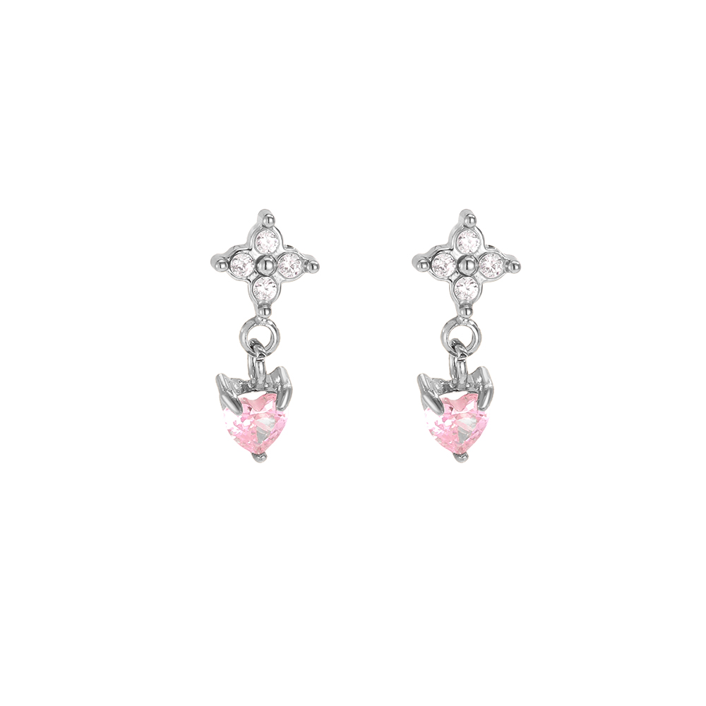 Stainless steel earrings, 11mm, mini cubic zirconia, flower, cloverleaf and heart shapes