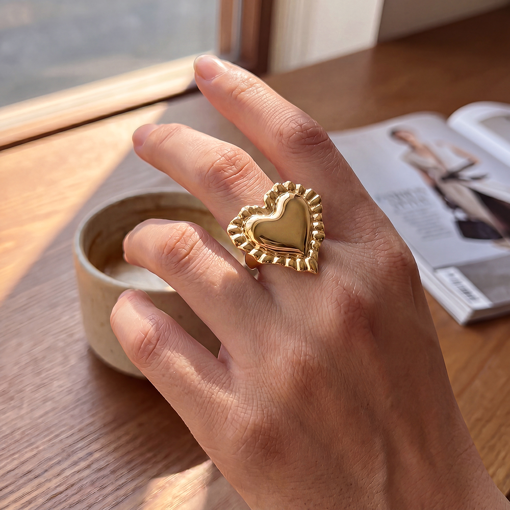 Stainless Steel Adjustable Ring with Large Heart