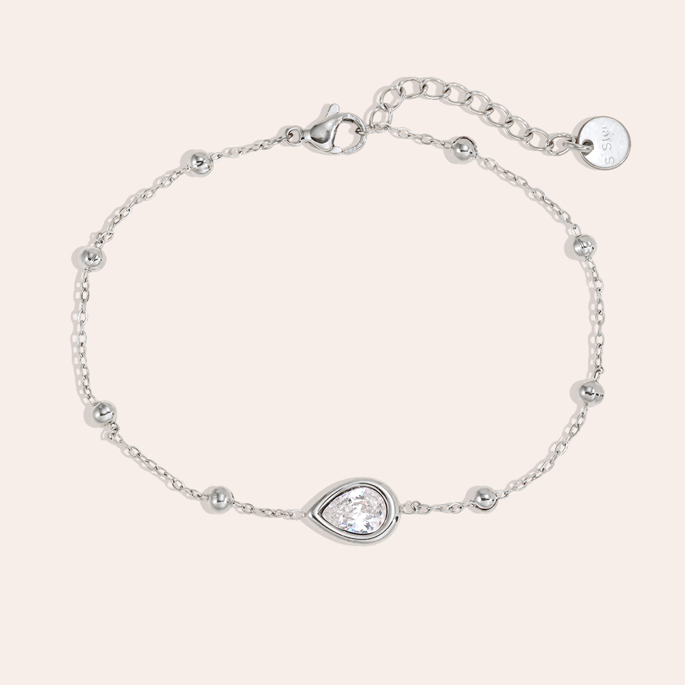 Stainless steel bracelet, 17 cm, with teardrop-shaped cubic zirconia