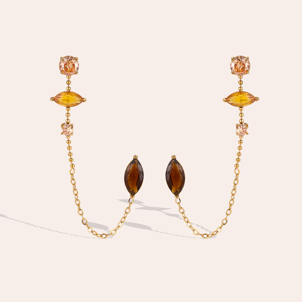 Stainless steel earrings, 20×35 mm, brown cubic zirconia with chains  