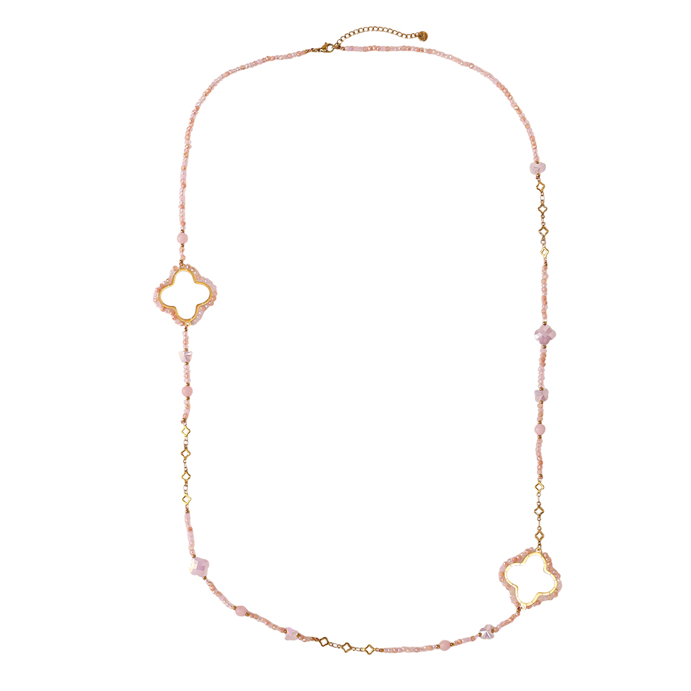 Stainless steel necklace 96cm cloverleaf and crystals