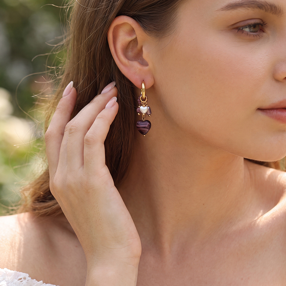 Stainless steel earrings, 45 × 13 mm, purple hearts