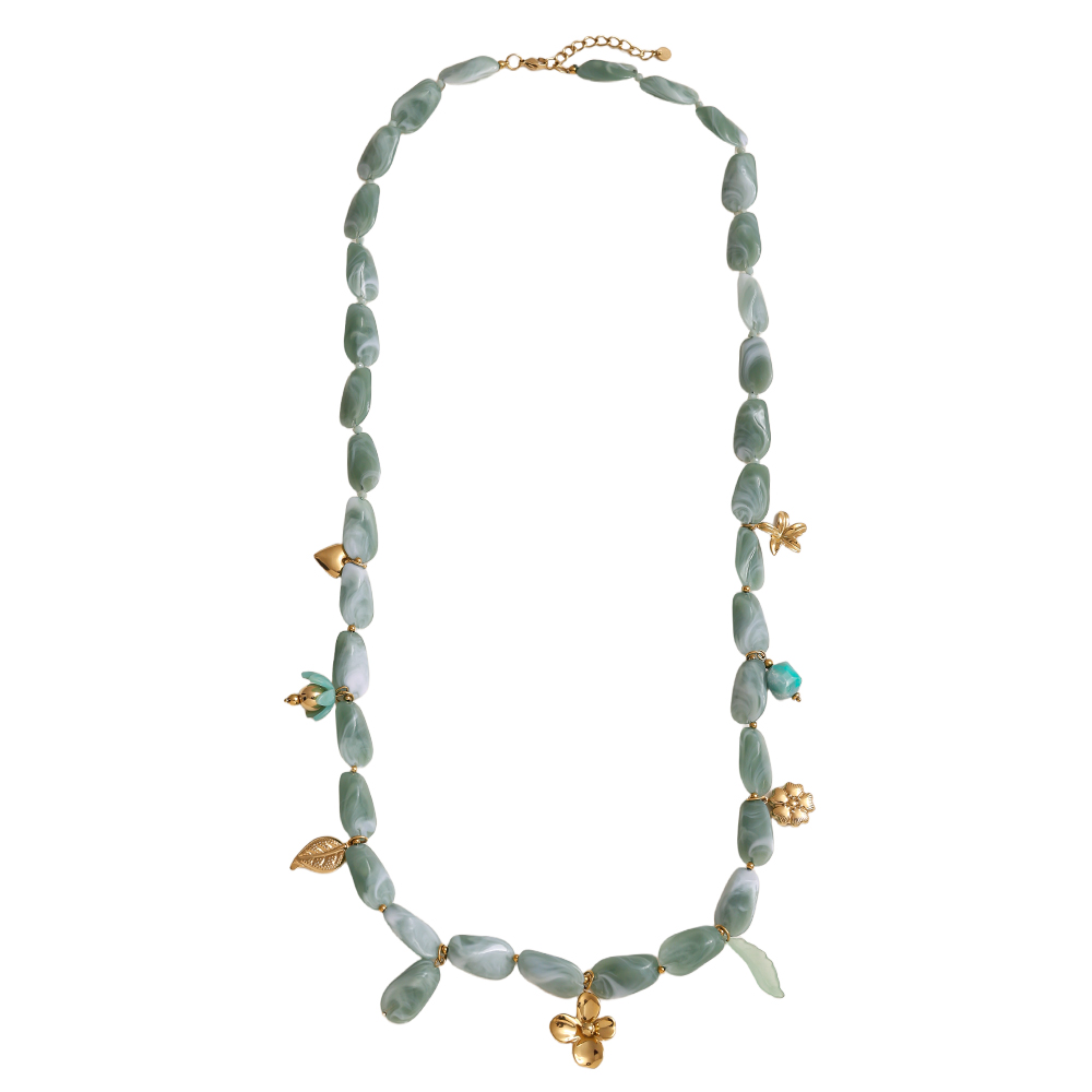 Stainless steel necklace 90cm elongated acrylic pieces and golden flowers