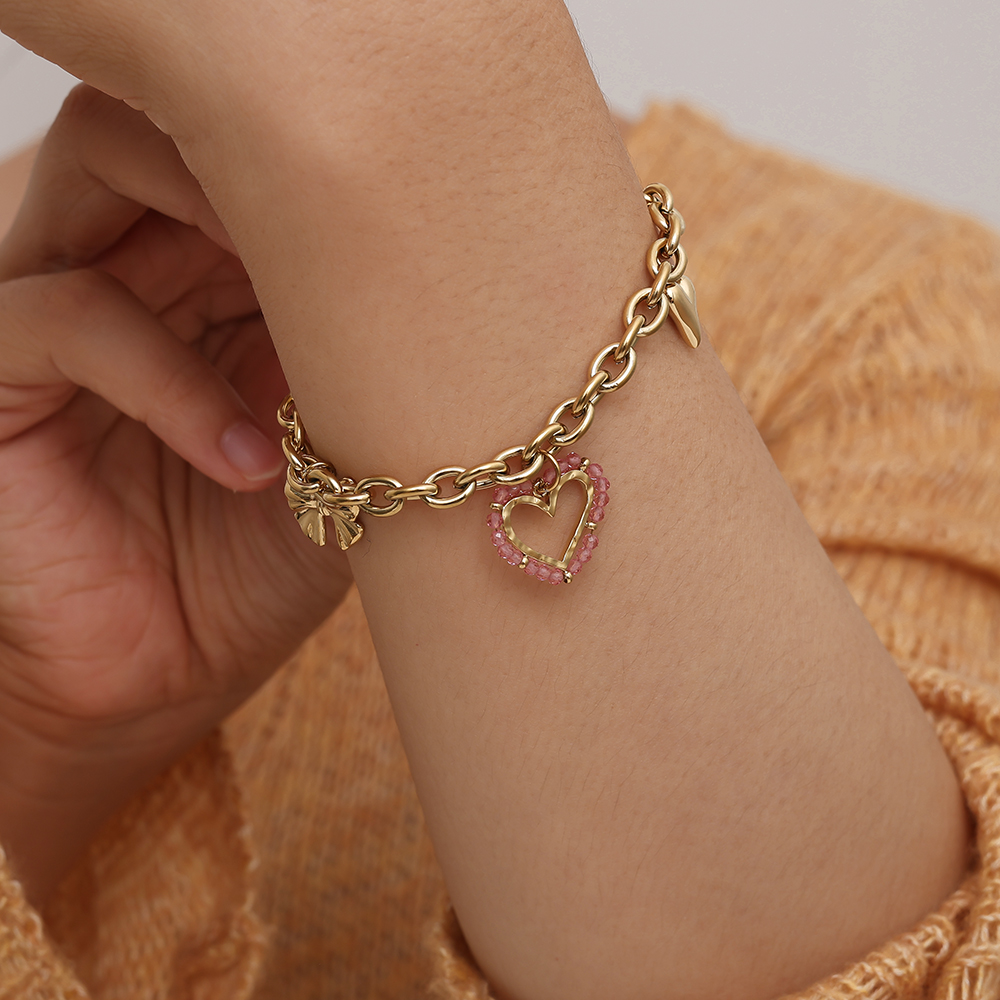 Stainless steel bracelet 17cm Pink Heart And Charms