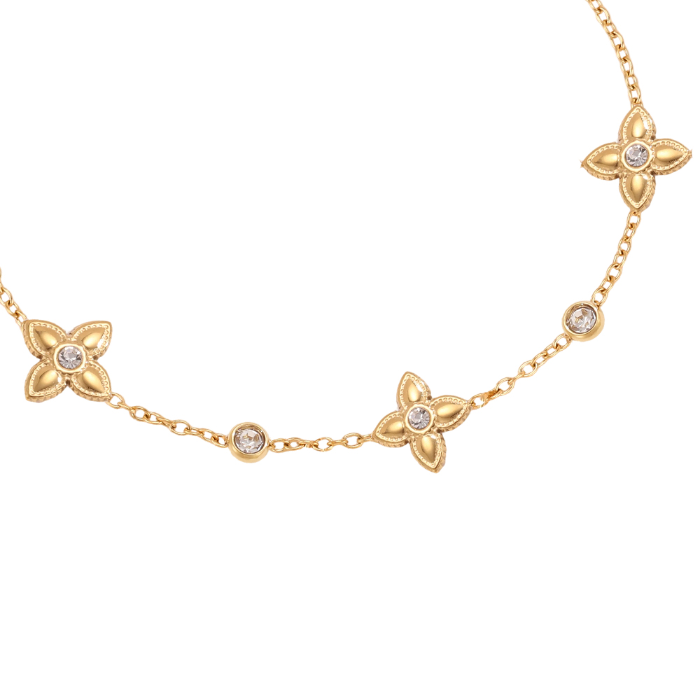 Stainless steel bracelet, 16.5 cm, four-leaf clover with cubic zirconia  