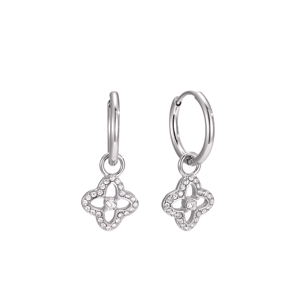 Stainless steel earrings, 25mm, with delicate cubic zirconia in a cloverleaf design