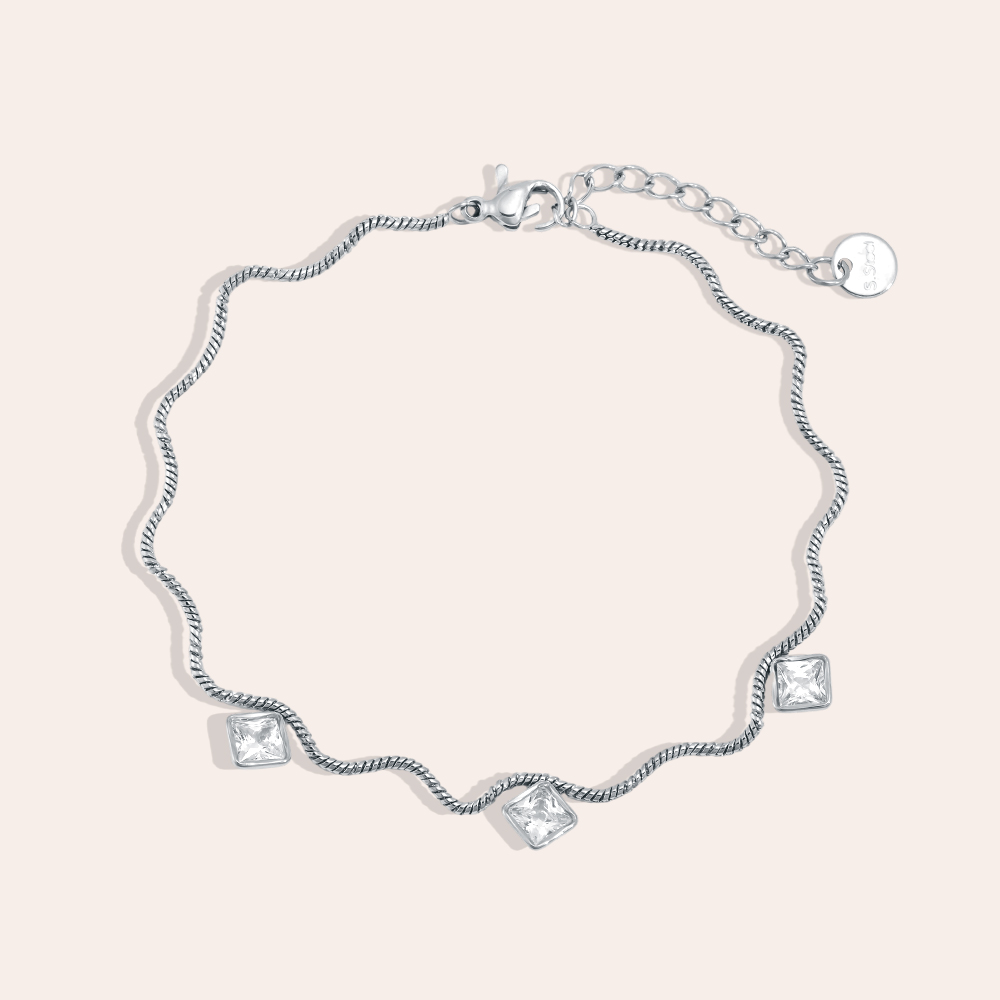 Stainless steel bracelet, 17 cm, wave chain with cube-cut zirconia
