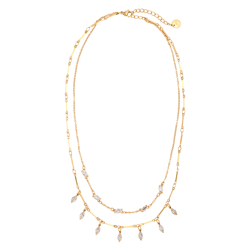 42cm double-layered stainless steel necklace with lots of cubic zirconia