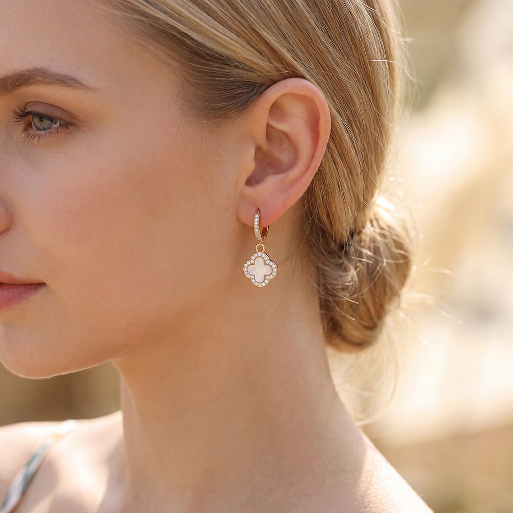 Stainless steel earrings, 25mm acrylic cloverleaf with a zirconia border