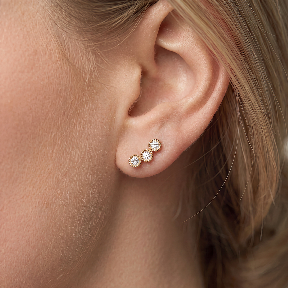 Stainless steel earrings, 10mm, three round cubic zirconia stones    
