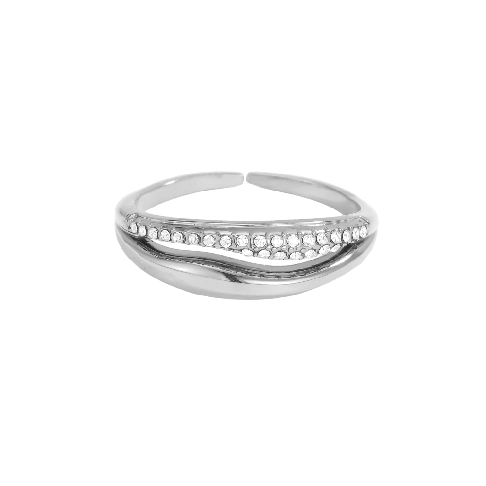 Stainless Steel Ring, Adjustable, with Double Zirconia