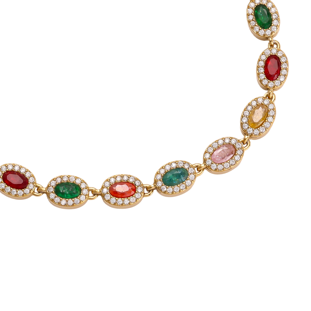 Stainless steel bracelet, 17 cm, oval, colourful, sparkling cubic zirconia   