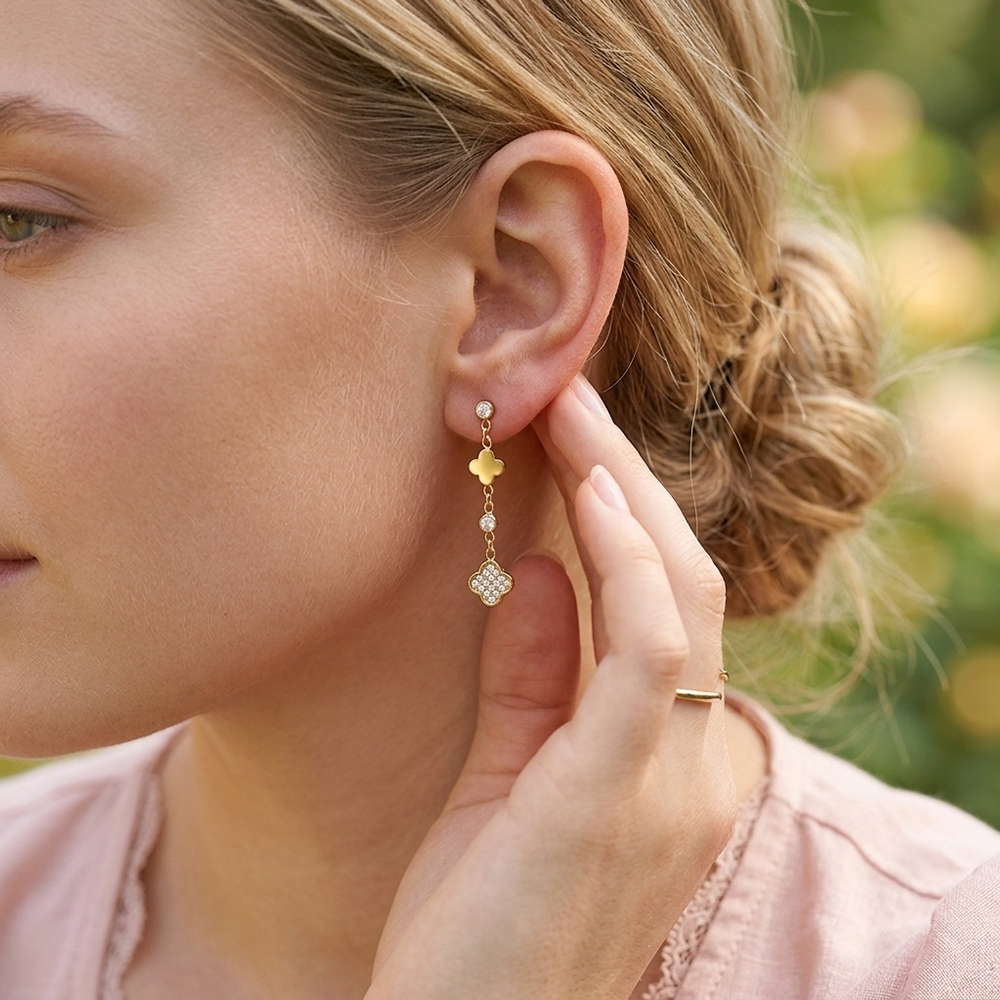 Stainless steel earrings, 33 × 12 mm, shamrock