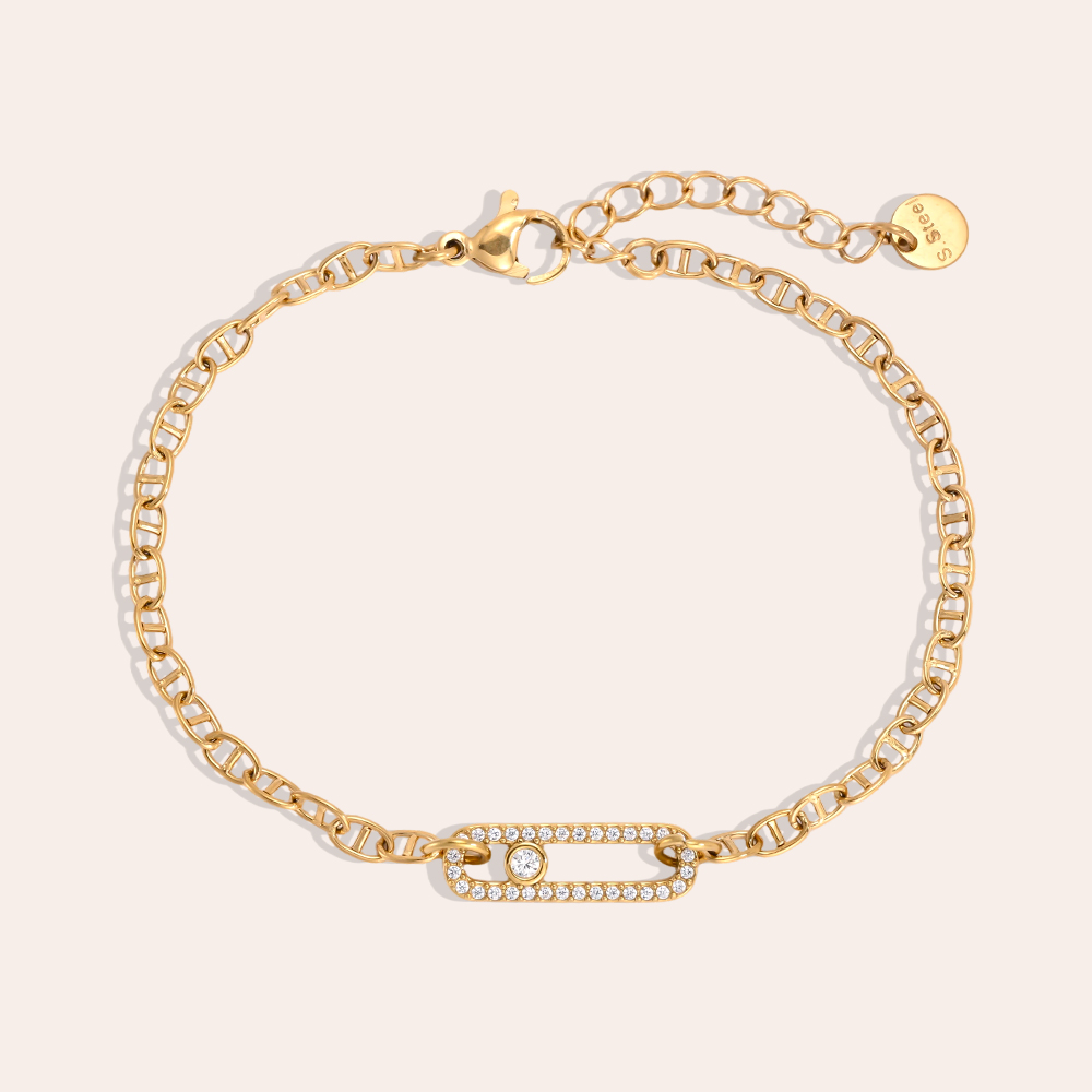 Stainless steel bracelet, 17 cm, square-cut zirconia