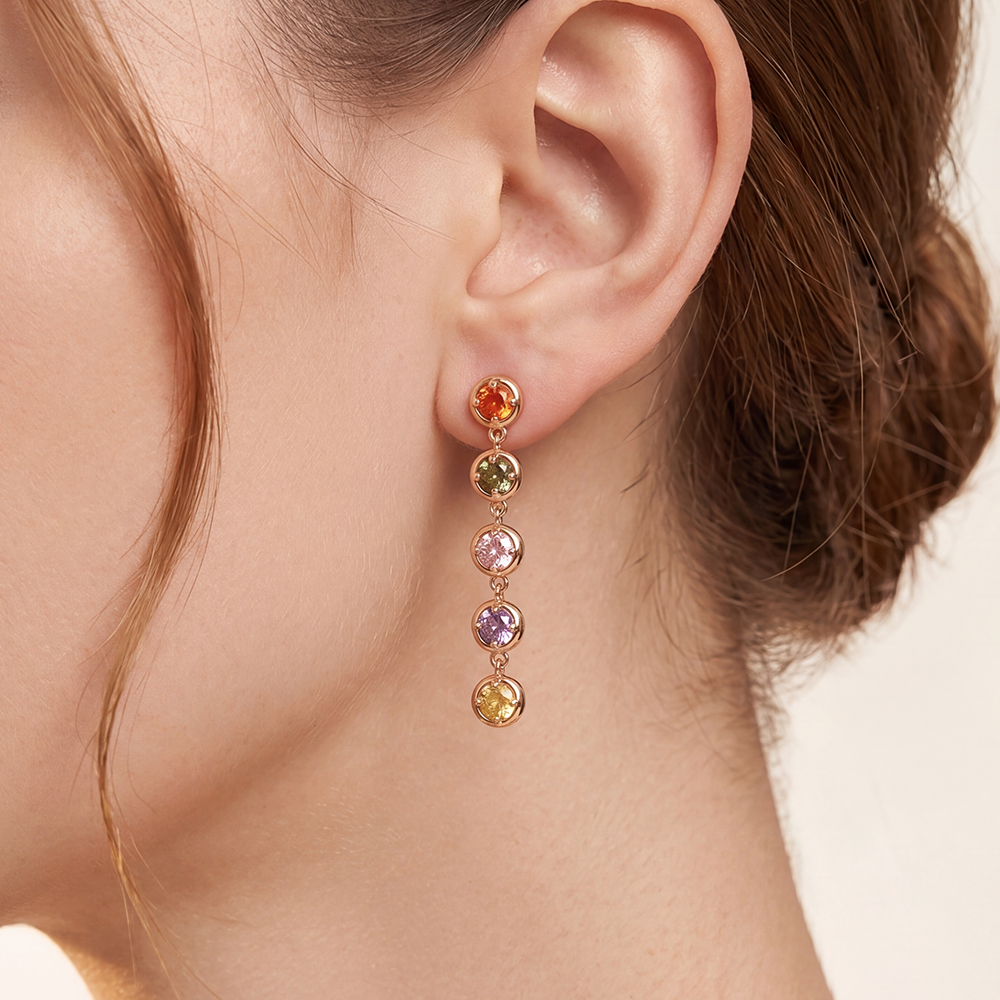 Gold-plated earrings, 44mm, with lots of colourful cubic zirconia