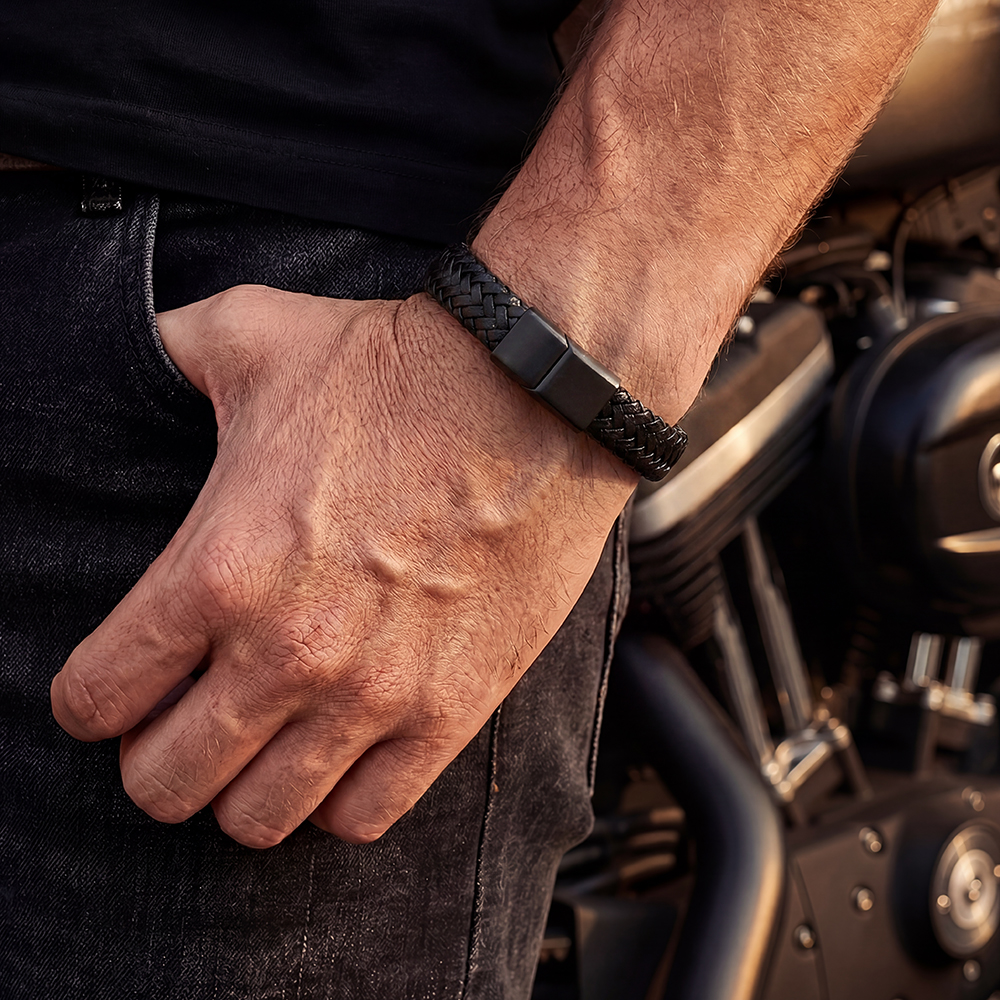  Stainless steel bracelet with a woven PU finish