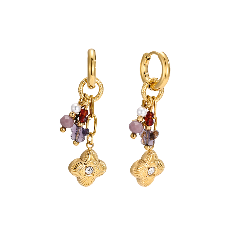 Stainless steel earrings, 42 × 14 mm, gold flower with purple detailing  