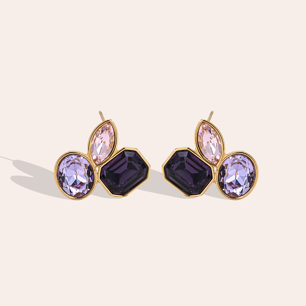 Stainless steel earrings, 21×22 mm, with three glass stones in different colours 