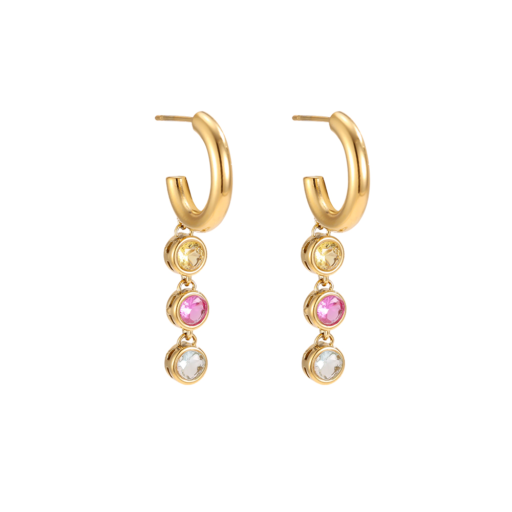 Stainless steel earrings, 40 × 6 mm, with 3 round rhinestones 