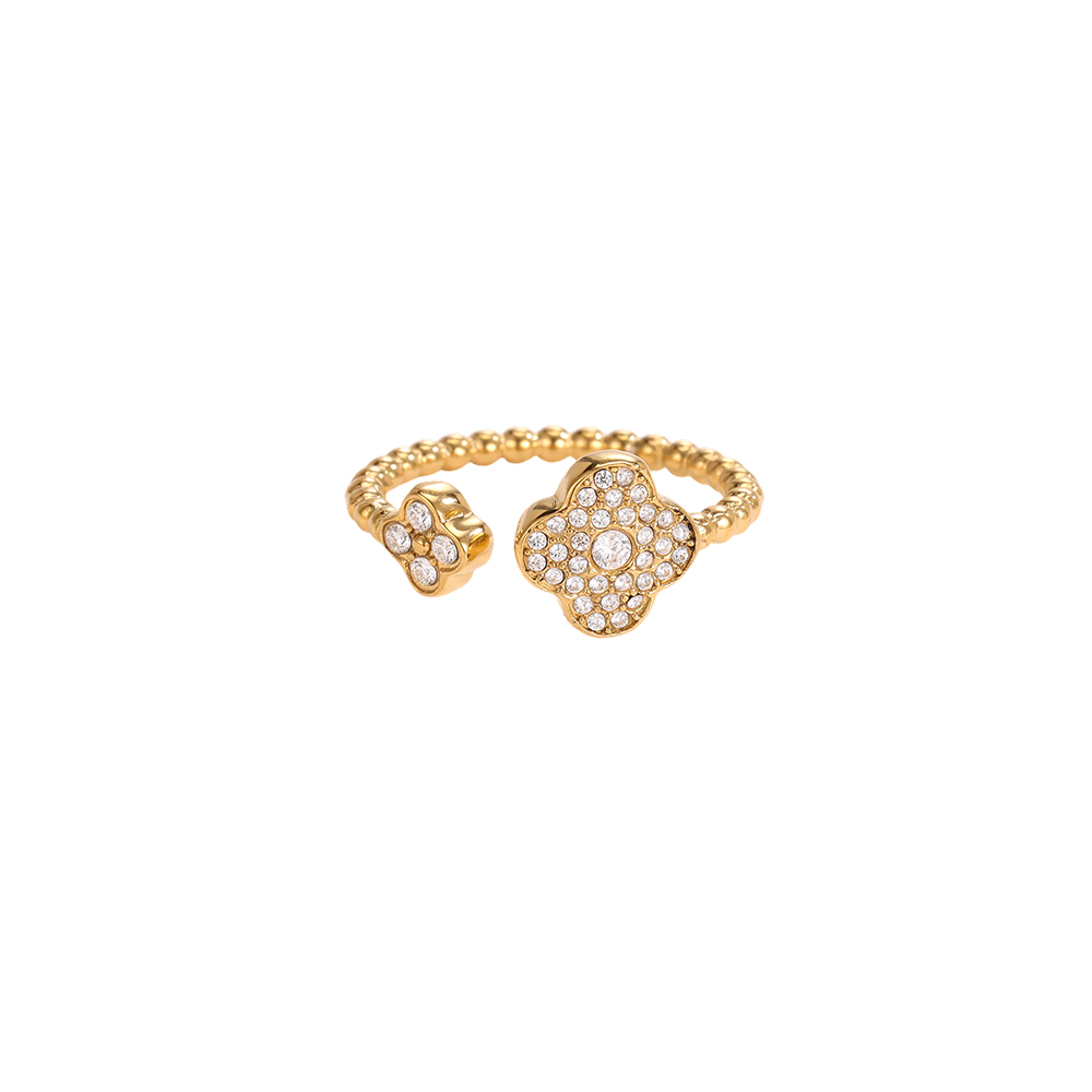 Stainless steel ring – adjustable, sparkling shamrock-shaped cubic zirconia 