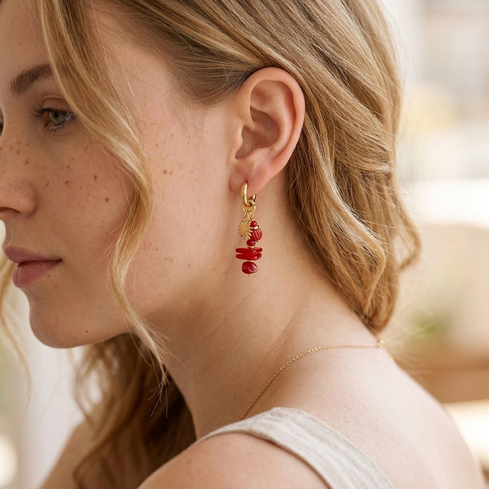 Stainless steel earrings, 48 × 14 mm, gold heart with red decoration