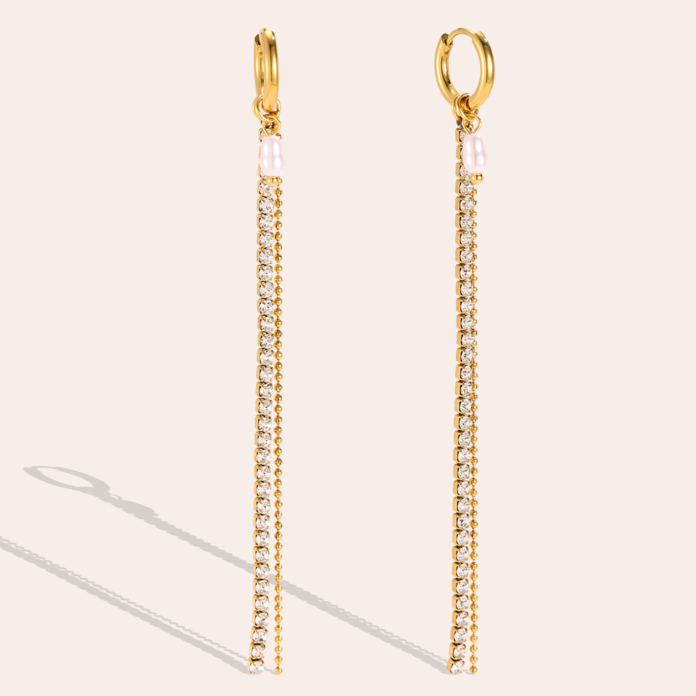 Stainless steel earrings, 91×12 mm, with pearls and a zirconia chain