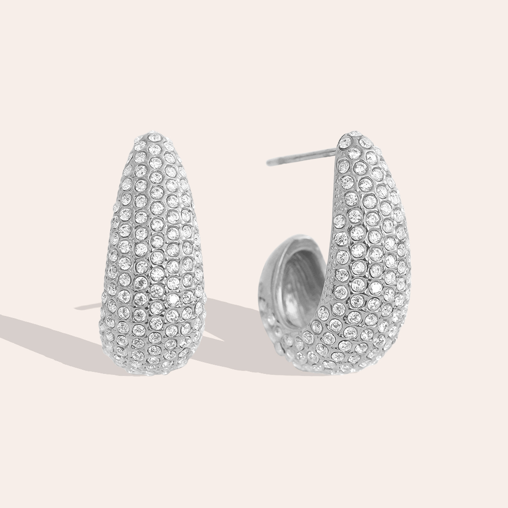 Stainless steel earrings, 20 mm, fully set with cubic zirconia 