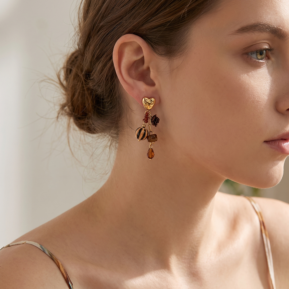Stainless steel earrings, 52 × 11 mm: golden hearts with brown flowers and beads