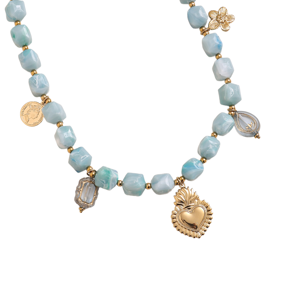 Stainless steel necklace 45cm chain with small acrylic cubes and golden flower, heart